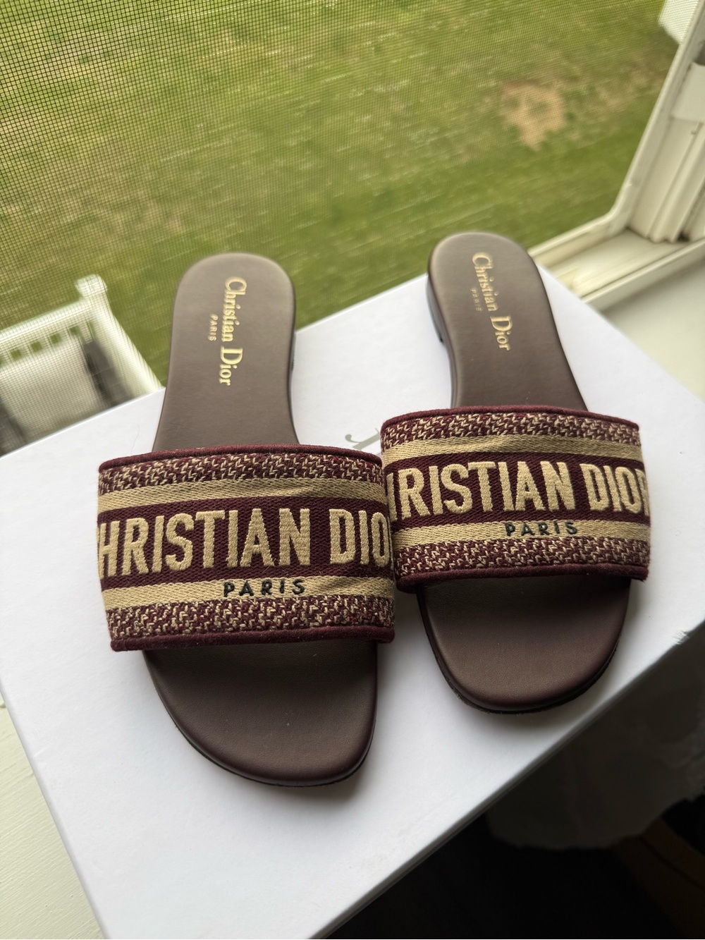 Dior Burgundy and Beige Logo Slide Mules - Picture 2 of 6